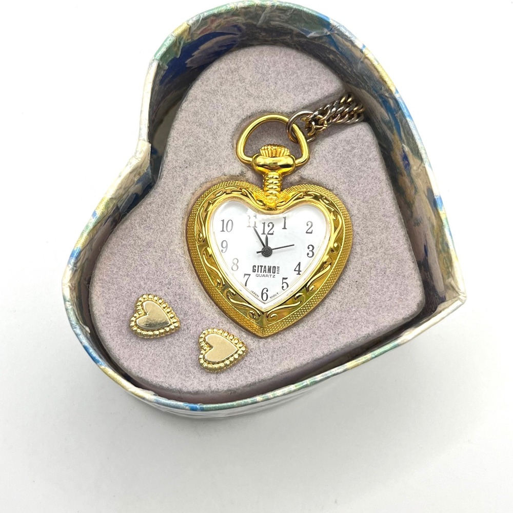 Vintage Gitano Gold Tone Heart Pocket Watch Necklace and Earrings Jewelry Set